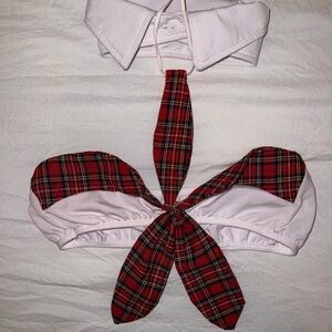School Girl Costume Cosplay Red Plaid Tie and White Collar Set